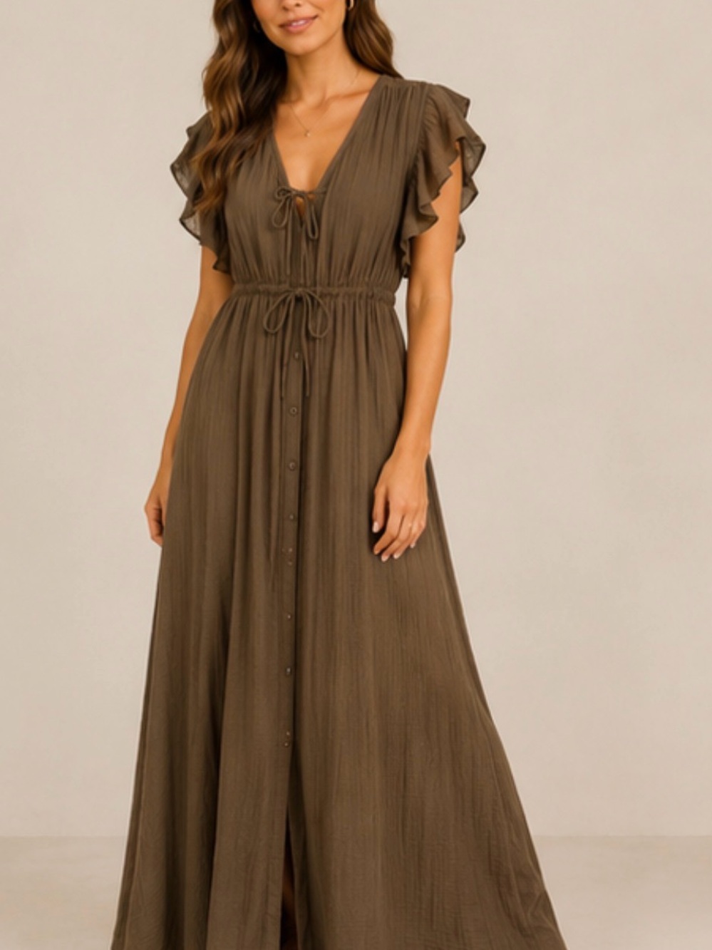 Flawless- S- NWT Women's Ruffle Sleeve BOHO Maxi Dress in Olive Brown
